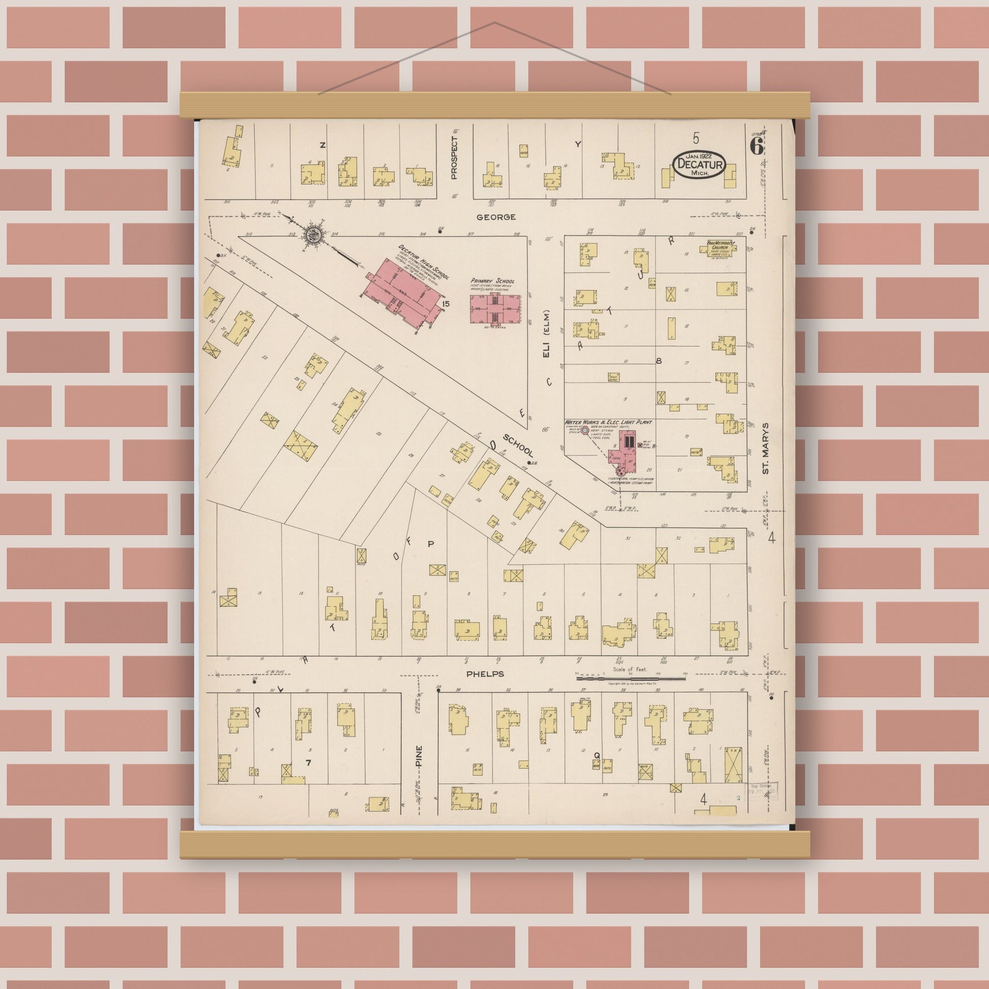 Old map wall art mockup — magnetic wood frame on brick wall — Sanborn Fire Insurance Map from Decatur, Van Buren County, Michigan (1922), Sheet #0006