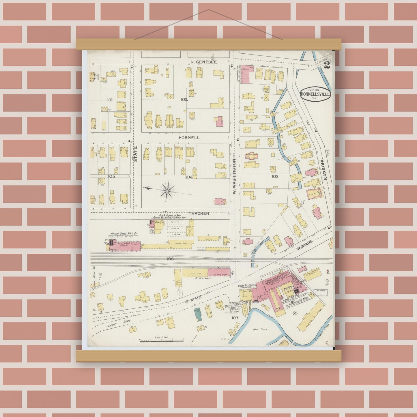 Old map wall art mockup — magnetic wood frame on brick wall — Sanborn Fire Insurance Map from Hornell, Steuben County, New York (1893), Sheet #0002