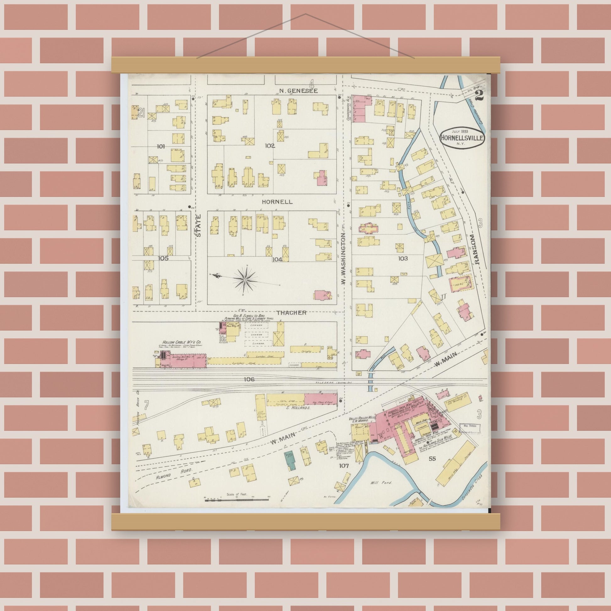 Old map wall art mockup — magnetic wood frame on brick wall — Sanborn Fire Insurance Map from Hornell, Steuben County, New York (1893), Sheet #0002