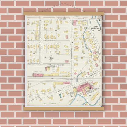 Old map wall art mockup — magnetic wood frame on brick wall — Sanborn Fire Insurance Map from Hornell, Steuben County, New York (1893), Sheet #0002