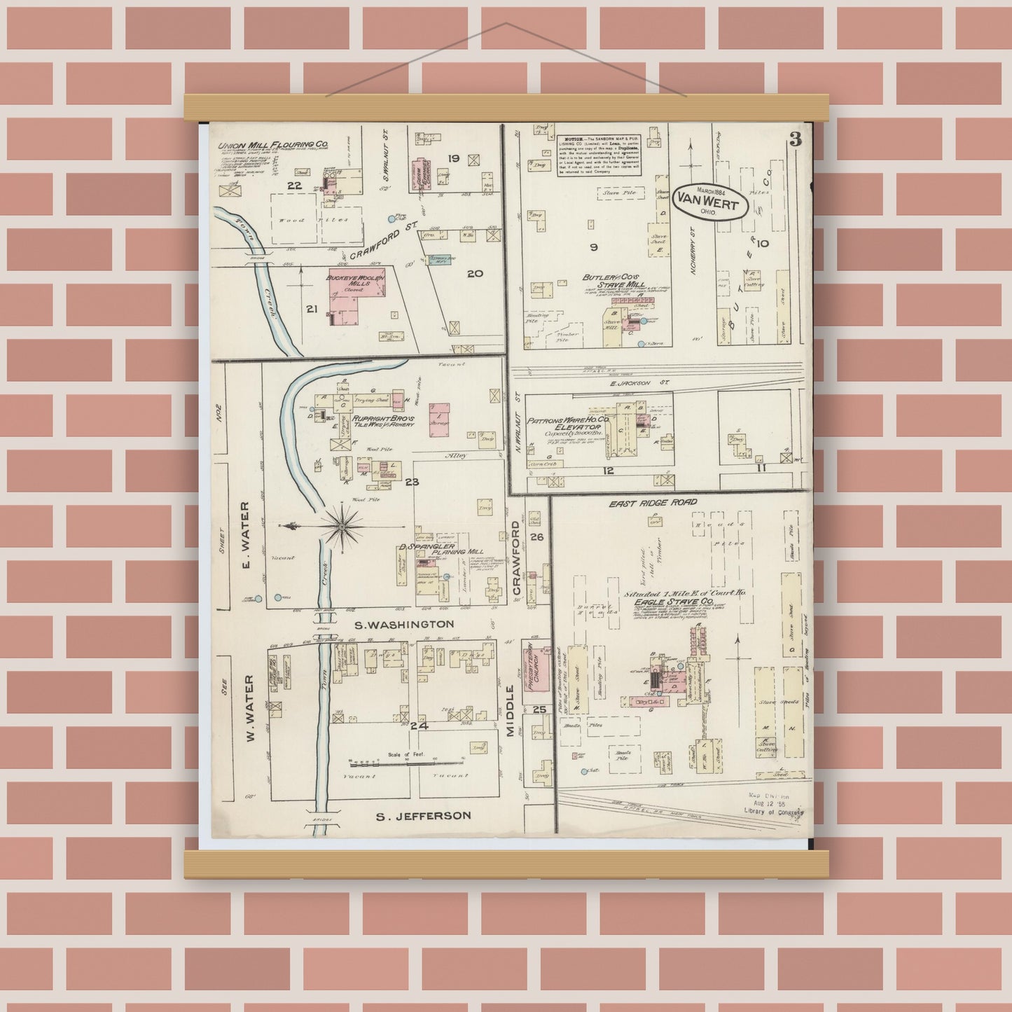 Old map wall art mockup — magnetic wood frame on brick wall — Sanborn Fire Insurance Map from Van Wert, Van Wert County, Ohio (1884), Sheet #0003