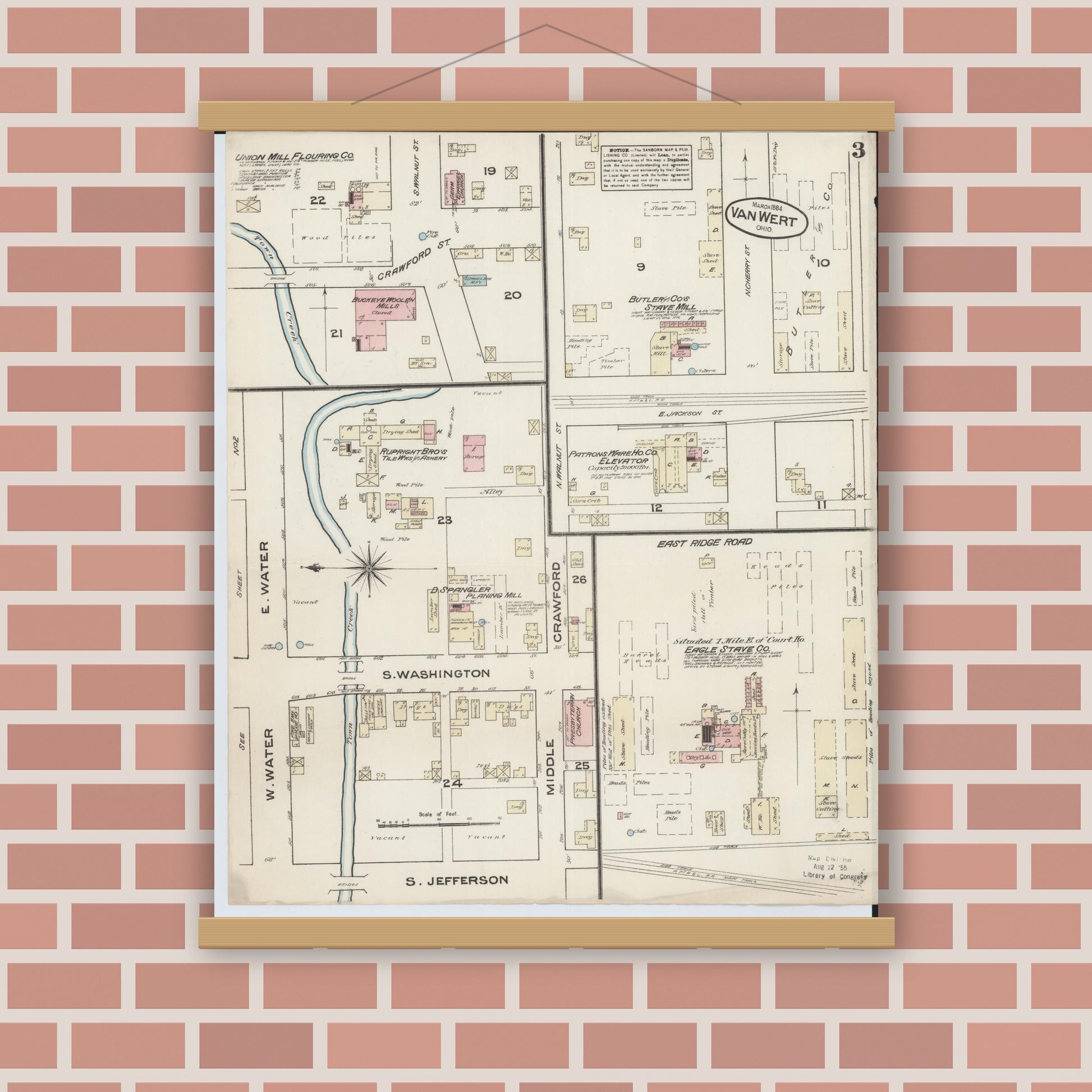 Old map wall art mockup — magnetic wood frame on brick wall — Sanborn Fire Insurance Map from Van Wert, Van Wert County, Ohio (1884), Sheet #0003