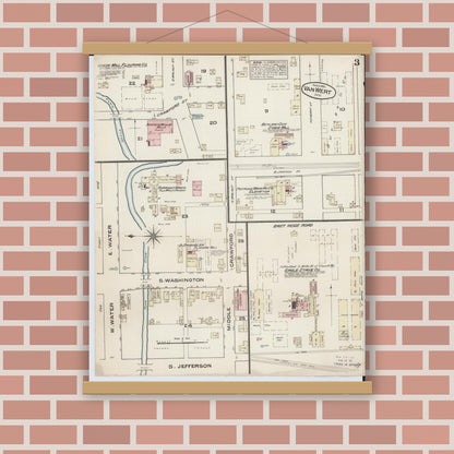 Old map wall art mockup — magnetic wood frame on brick wall — Sanborn Fire Insurance Map from Van Wert, Van Wert County, Ohio (1884), Sheet #0003