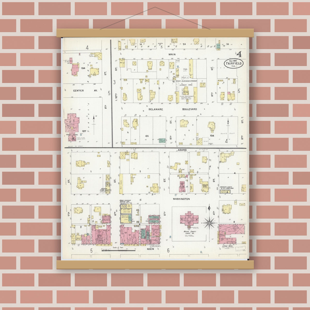 Old map wall art mockup — magnetic wood frame on brick wall — Sanborn Fire Insurance Map from Fairfield, Wayne County, Illinois (1907), Sheet #0004
