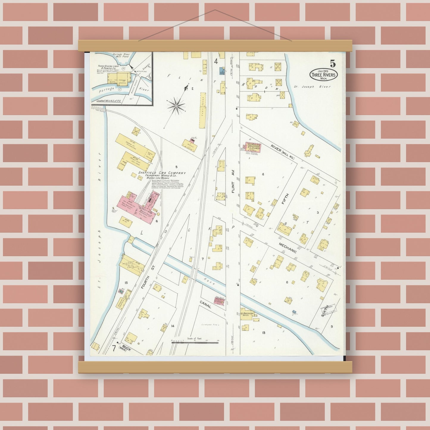 Old map wall art mockup — magnetic wood frame on brick wall — Sanborn Fire Insurance Map from Three Rivers, Saint Joseph County, Michigan (1909), Sheet #0005
