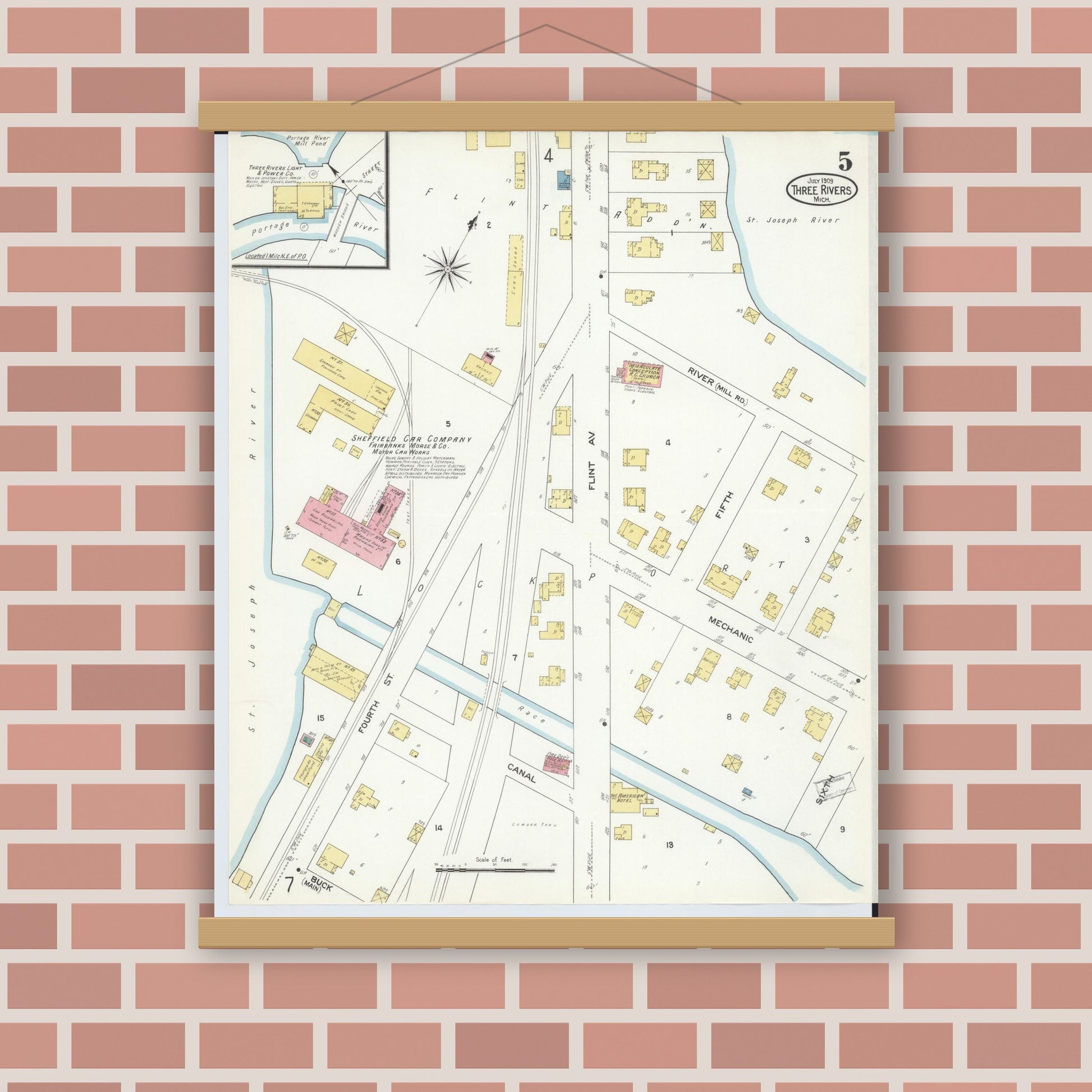 Old map wall art mockup — magnetic wood frame on brick wall — Sanborn Fire Insurance Map from Three Rivers, Saint Joseph County, Michigan (1909), Sheet #0005