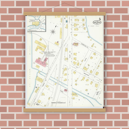 Old map wall art mockup — magnetic wood frame on brick wall — Sanborn Fire Insurance Map from Three Rivers, Saint Joseph County, Michigan (1909), Sheet #0005