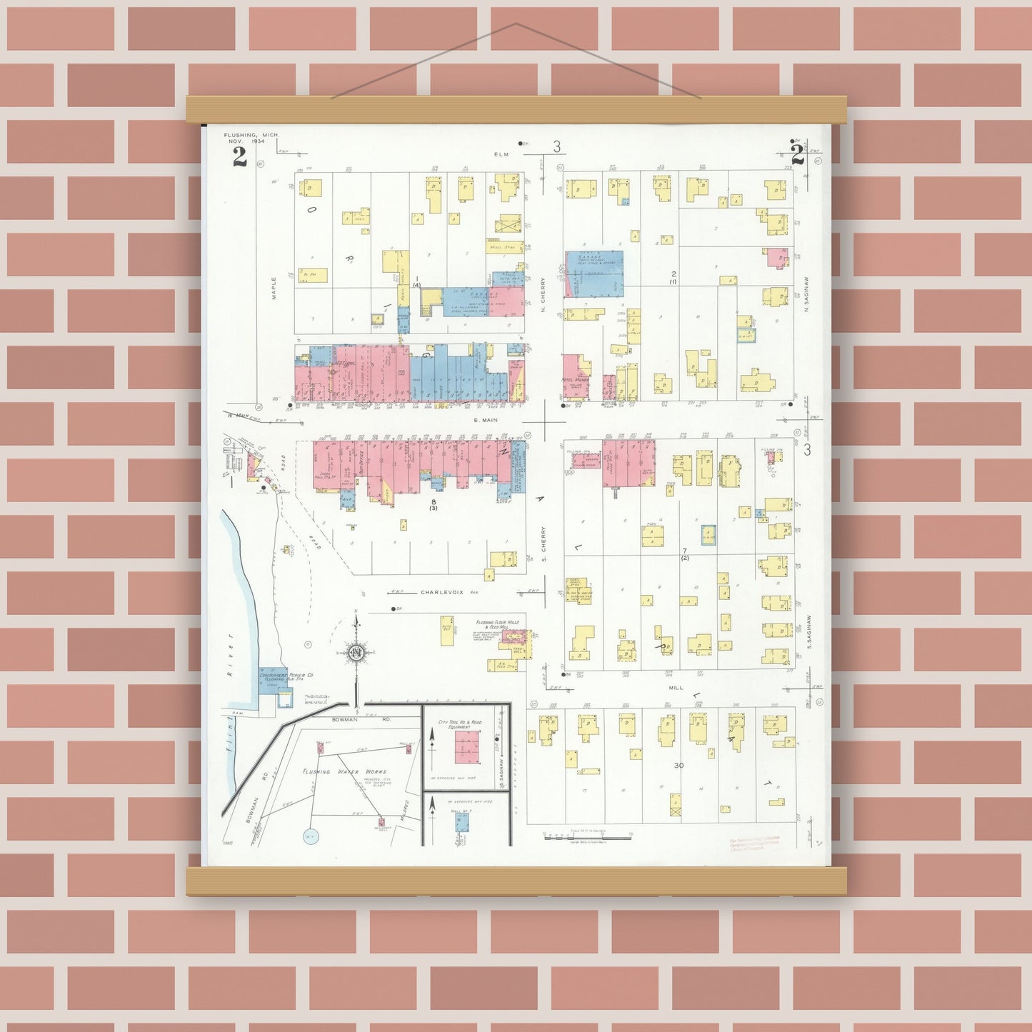 Old map wall art mockup — magnetic wood frame on brick wall — Sanborn Fire Insurance Map from Flushing, Genesee County, Michigan (1934), Sheet #0002