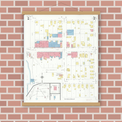 Old map wall art mockup — magnetic wood frame on brick wall — Sanborn Fire Insurance Map from Flushing, Genesee County, Michigan (1934), Sheet #0002