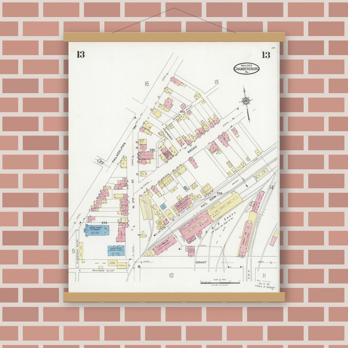 Old map wall art mockup — magnetic wood frame on brick wall — Sanborn Fire Insurance Map from Chambersburg, Franklin County, Pennsylvania (1924), Sheet #0013