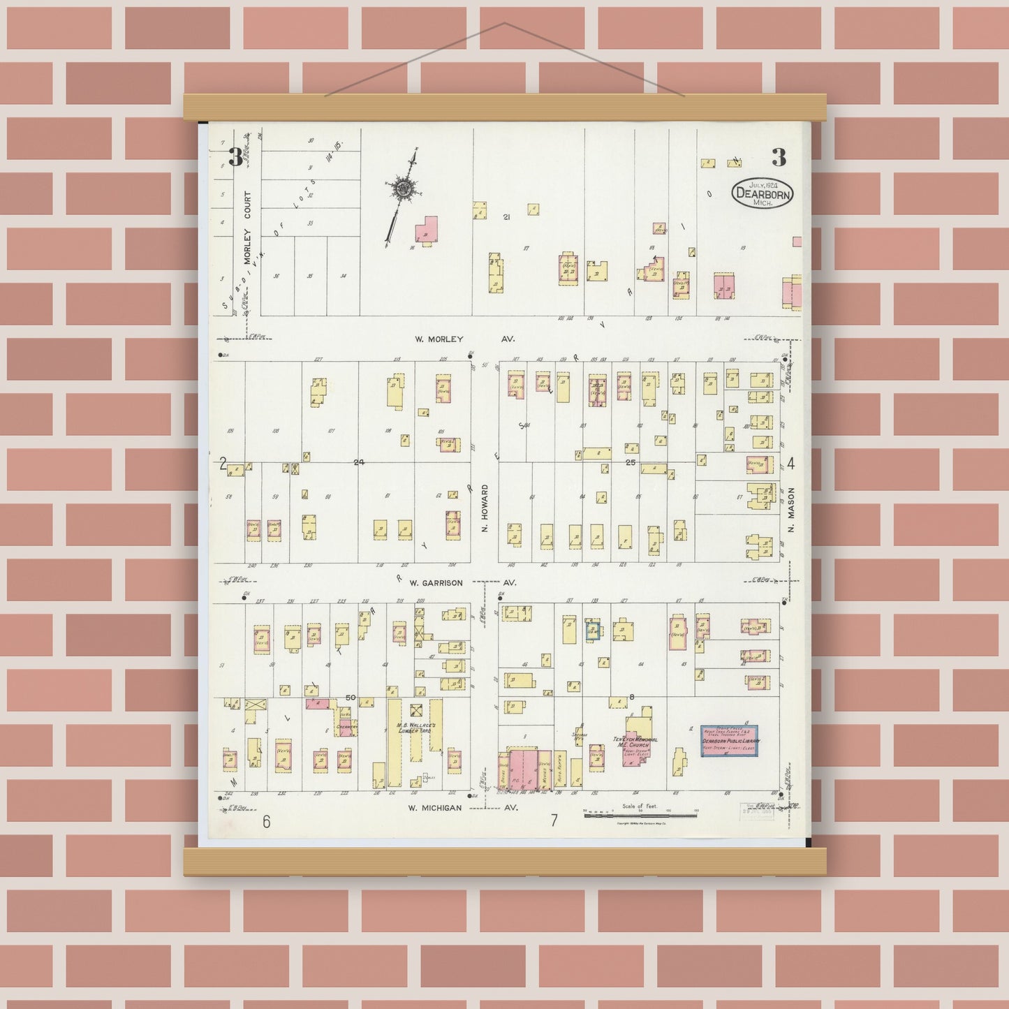 Old map wall art mockup — magnetic wood frame on brick wall — Sanborn Fire Insurance Map from Dearborn, Wayne County, Michigan (1924), Sheet #0003