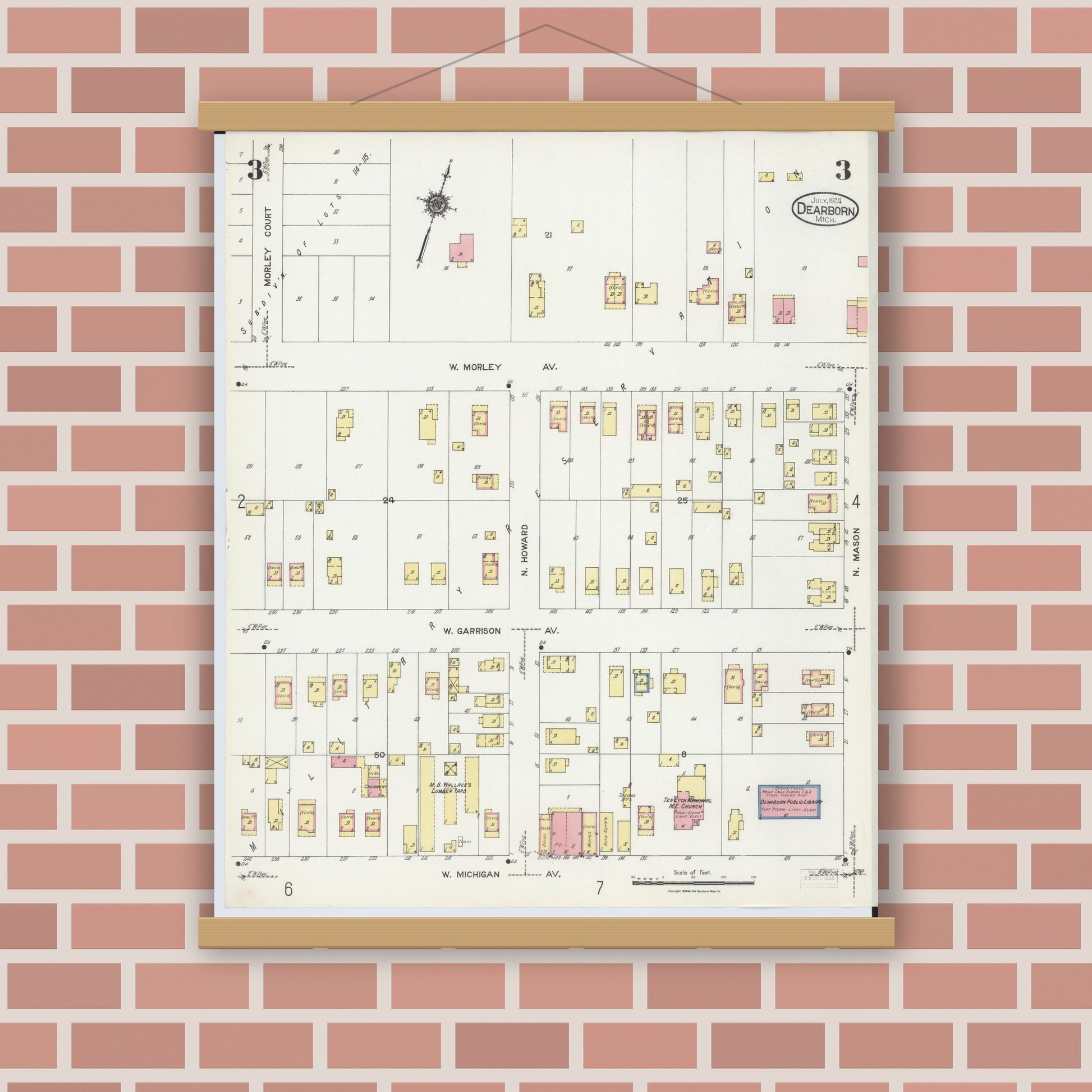 Old map wall art mockup — magnetic wood frame on brick wall — Sanborn Fire Insurance Map from Dearborn, Wayne County, Michigan (1924), Sheet #0003
