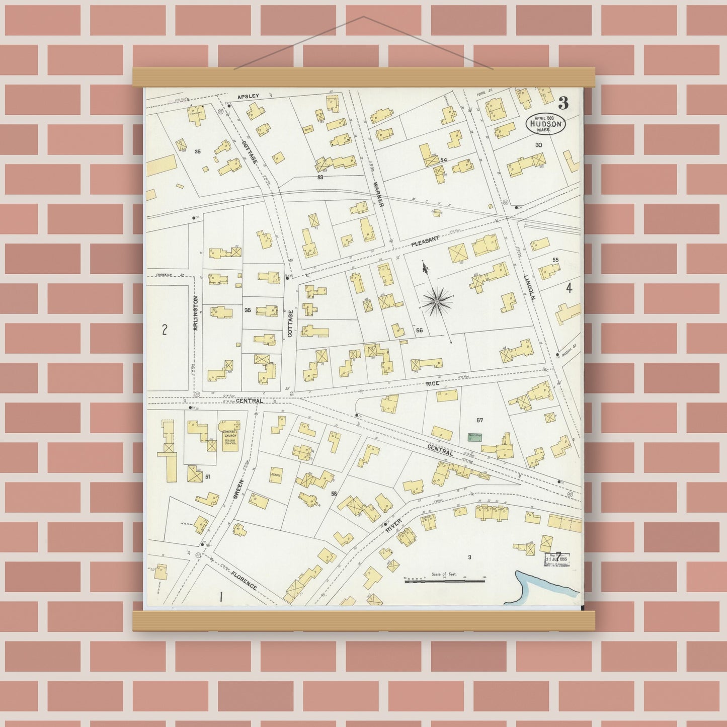 Old map wall art mockup — magnetic wood frame on brick wall — Sanborn Fire Insurance Map from Hudson, Middlesex County, Massachusetts (1903), Sheet #0003
