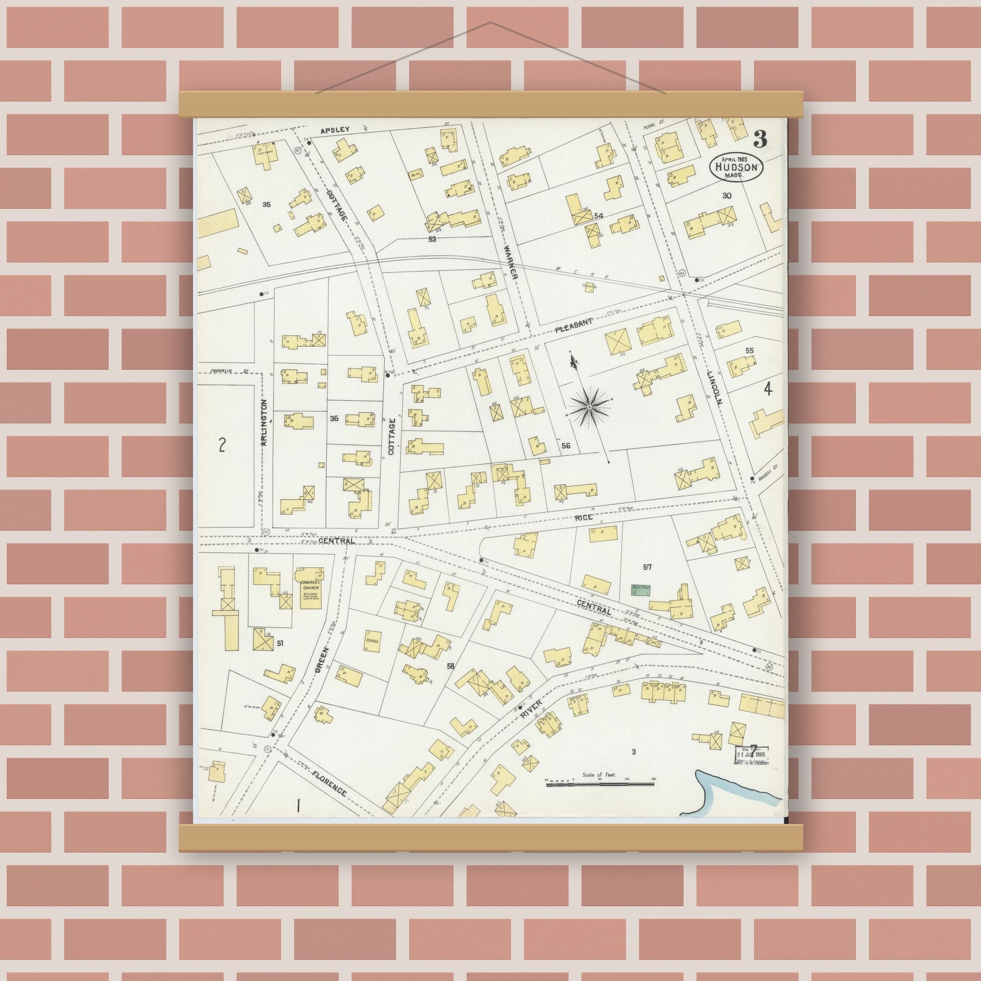 Old map wall art mockup — magnetic wood frame on brick wall — Sanborn Fire Insurance Map from Hudson, Middlesex County, Massachusetts (1903), Sheet #0003