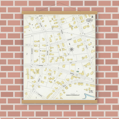 Old map wall art mockup — magnetic wood frame on brick wall — Sanborn Fire Insurance Map from Hudson, Middlesex County, Massachusetts (1903), Sheet #0003