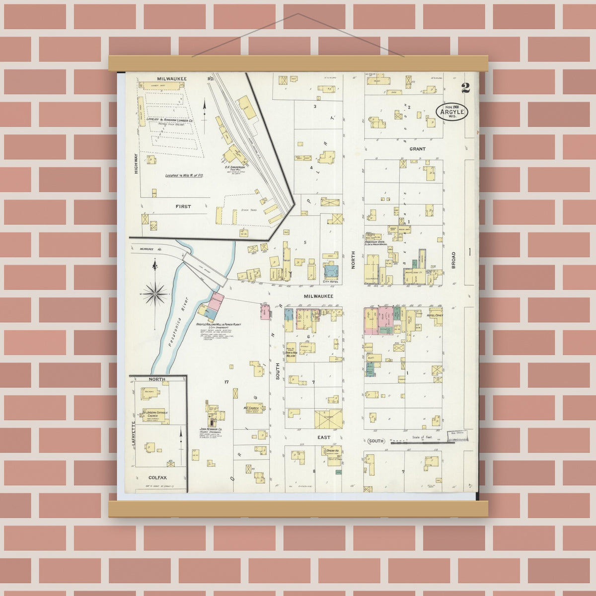 Old map wall art mockup — magnetic wood frame on brick wall — Sanborn Fire Insurance Map from Argyle, Lafayette County, Wisconsin (1908), Sheet #0002