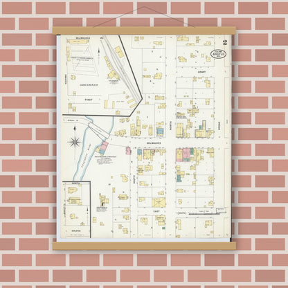 Old map wall art mockup — magnetic wood frame on brick wall — Sanborn Fire Insurance Map from Argyle, Lafayette County, Wisconsin (1908), Sheet #0002