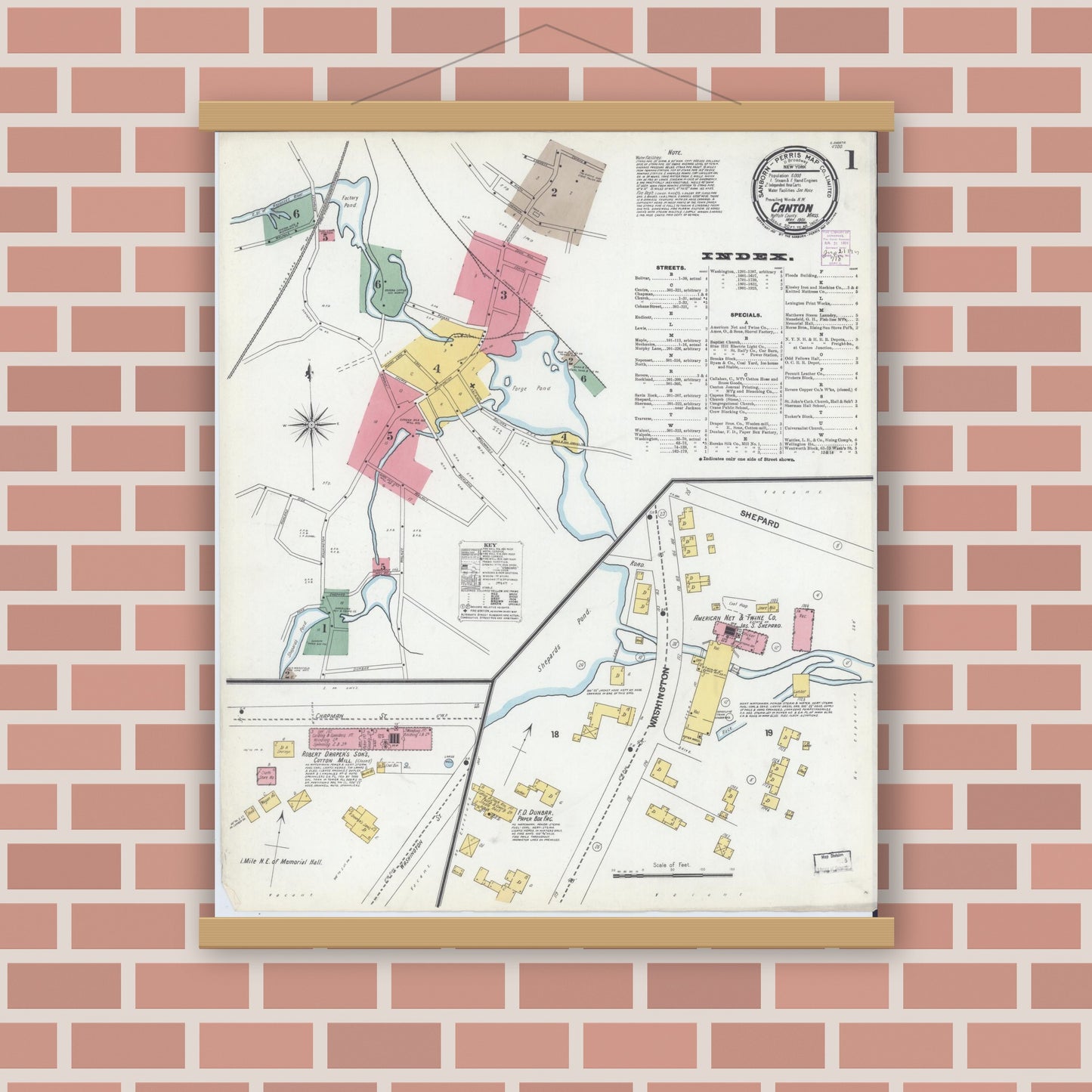 Old map wall art mockup — magnetic wood frame on brick wall — Sanborn Fire Insurance Map from Canton, Norfolk County, Massachusetts (1901) - Complete Map Set