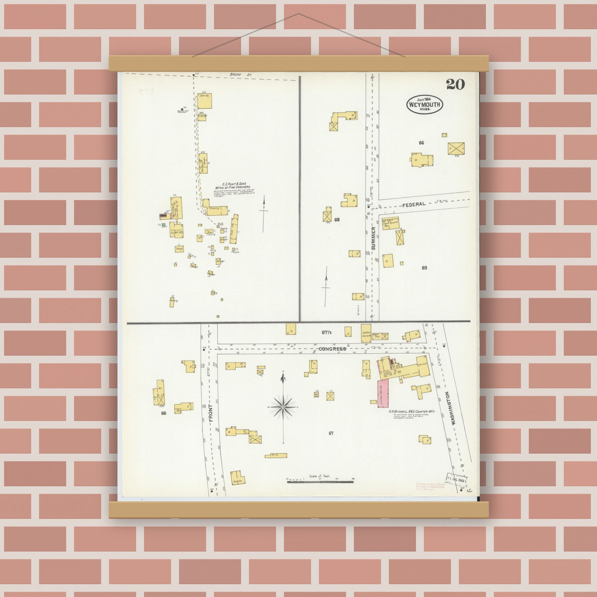 Old map wall art mockup — magnetic wood frame on brick wall — Sanborn Fire Insurance Map from Weymouth, Norfolk County, Massachusetts (1904), Sheet #0020