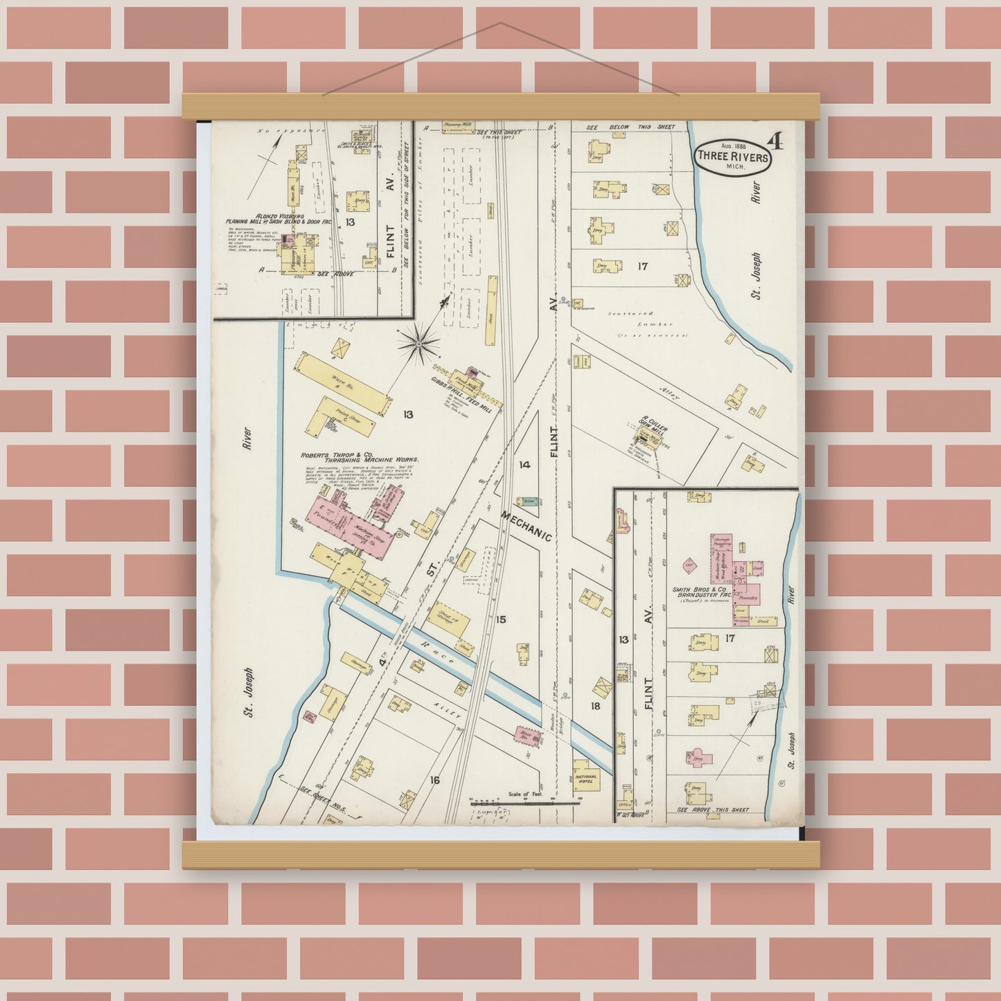 Old map wall art mockup — magnetic wood frame on brick wall — Sanborn Fire Insurance Map from Three Rivers, Saint Joseph County, Michigan (1888), Sheet #0004