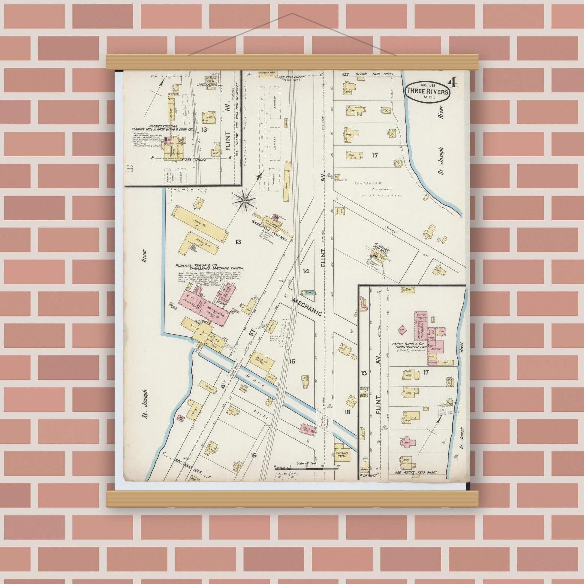 Old map wall art mockup — magnetic wood frame on brick wall — Sanborn Fire Insurance Map from Three Rivers, Saint Joseph County, Michigan (1888), Sheet #0004
