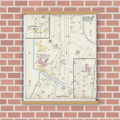 Old map wall art mockup — magnetic wood frame on brick wall — Sanborn Fire Insurance Map from Three Rivers, Saint Joseph County, Michigan (1888), Sheet #0004