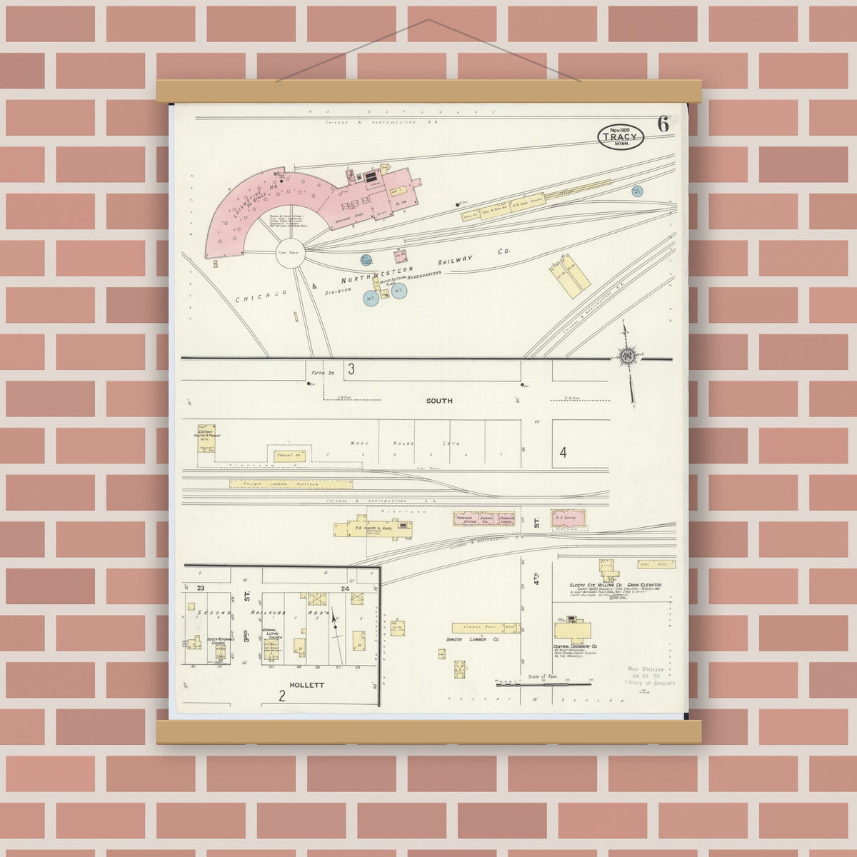 Old map wall art mockup — magnetic wood frame on brick wall — Sanborn Fire Insurance Map from Tracy, Lyon County, Minnesota (1909), Sheet #0006