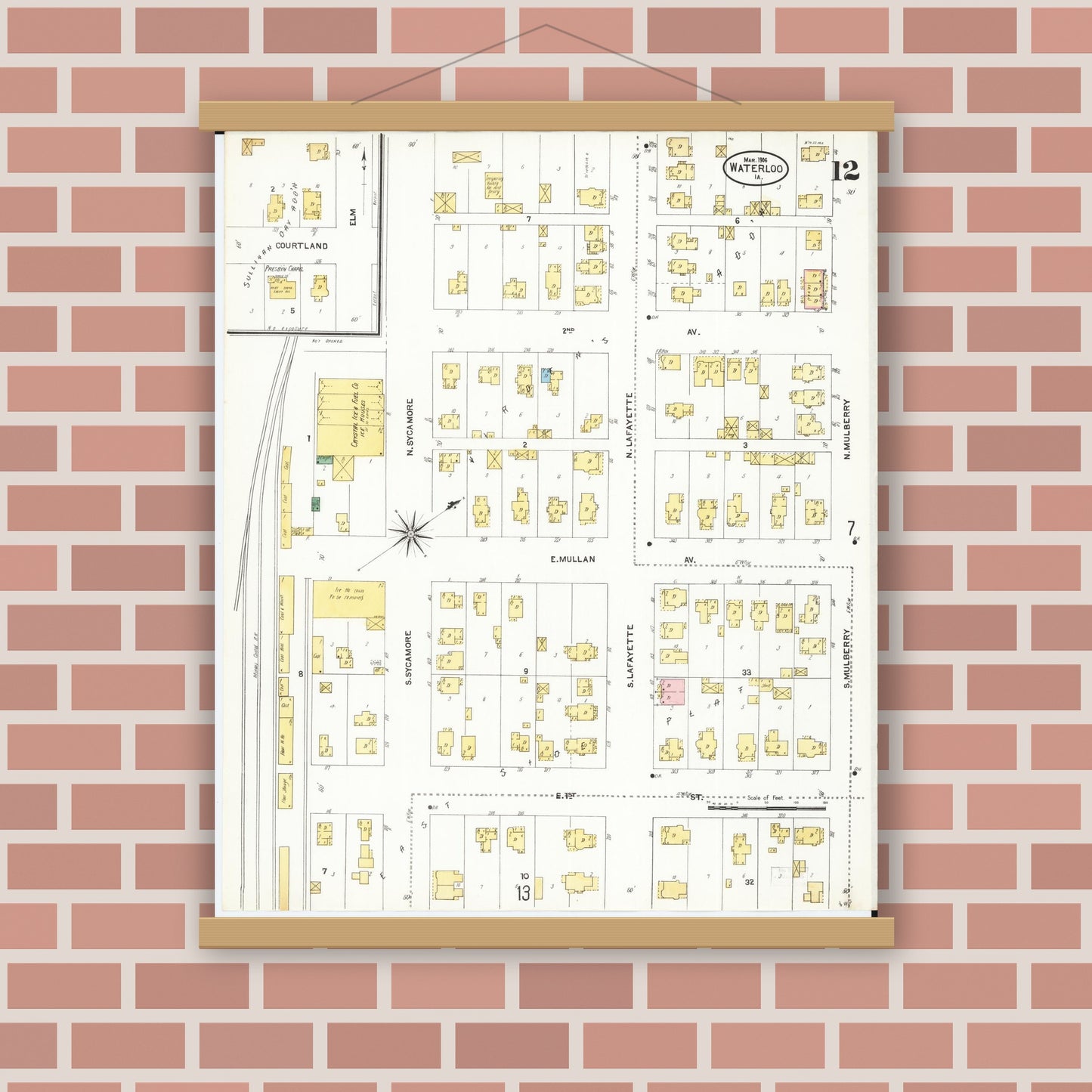 Old map wall art mockup — magnetic wood frame on brick wall — Sanborn Fire Insurance Map from Waterloo, Black Hawk County, Iowa (1906), Sheet #0012