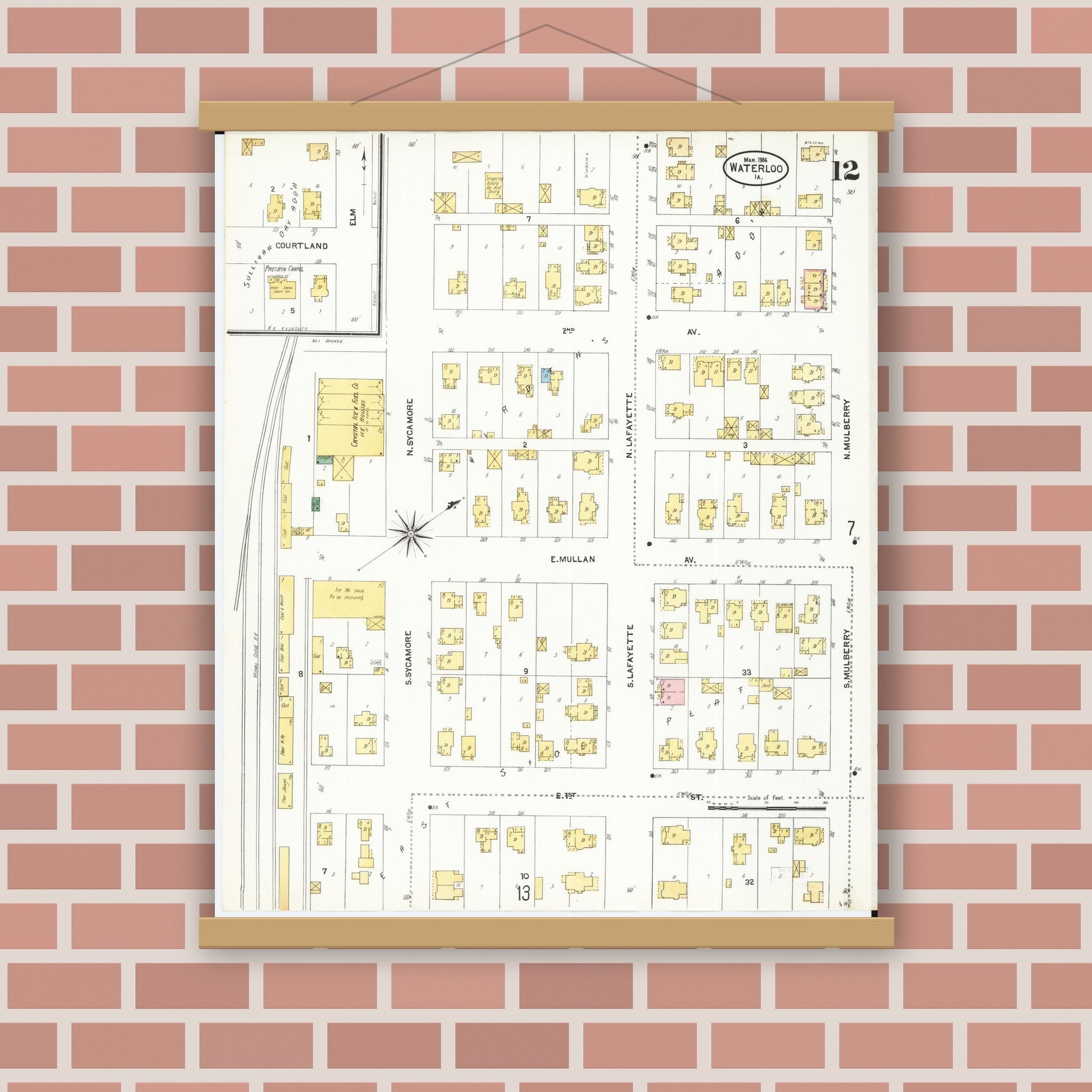 Old map wall art mockup — magnetic wood frame on brick wall — Sanborn Fire Insurance Map from Waterloo, Black Hawk County, Iowa (1906), Sheet #0012
