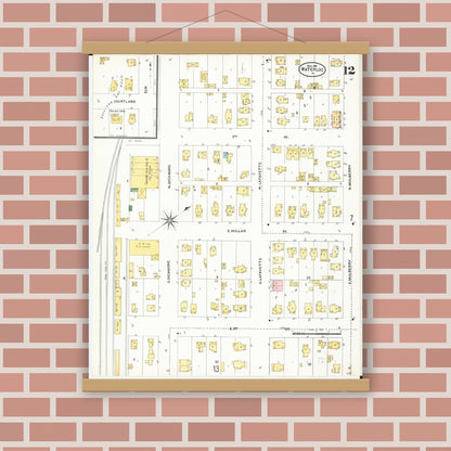 Old map wall art mockup — magnetic wood frame on brick wall — Sanborn Fire Insurance Map from Waterloo, Black Hawk County, Iowa (1906), Sheet #0012