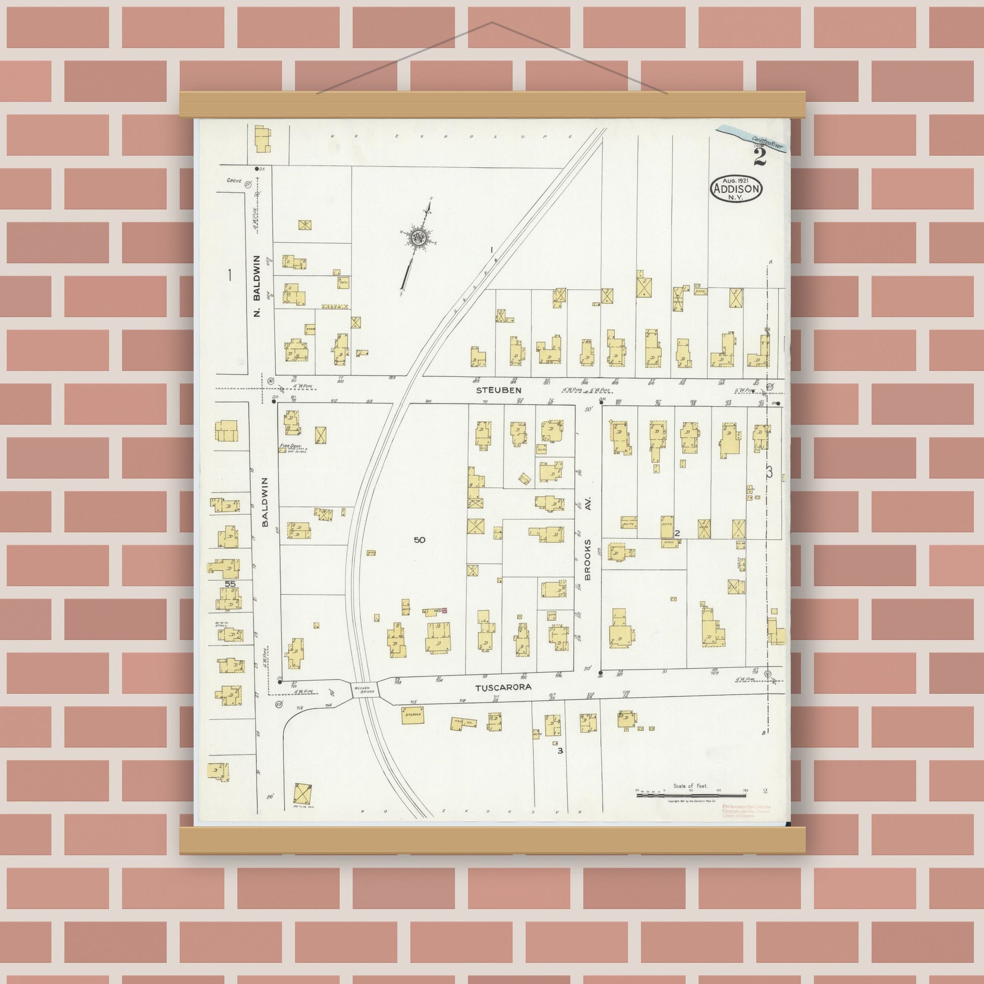 Old map wall art mockup — magnetic wood frame on brick wall — Sanborn Fire Insurance Map from Addison, Steuben County, New York (1921), Sheet #0002