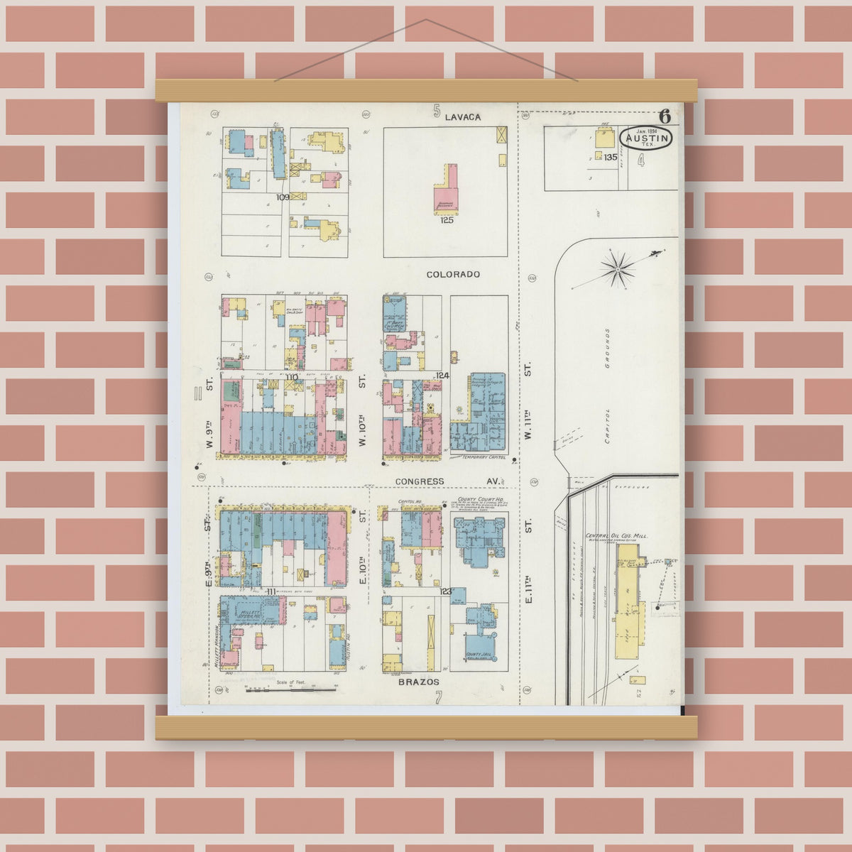 Old map wall art mockup — magnetic wood frame on brick wall — Sanborn Fire Insurance Map from Austin, Travis County, Texas (1894), Sheet #0006