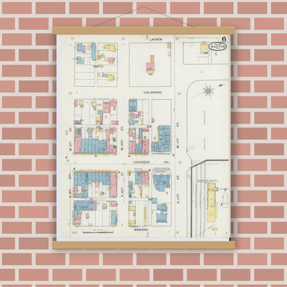 Old map wall art mockup — magnetic wood frame on brick wall — Sanborn Fire Insurance Map from Austin, Travis County, Texas (1894), Sheet #0006