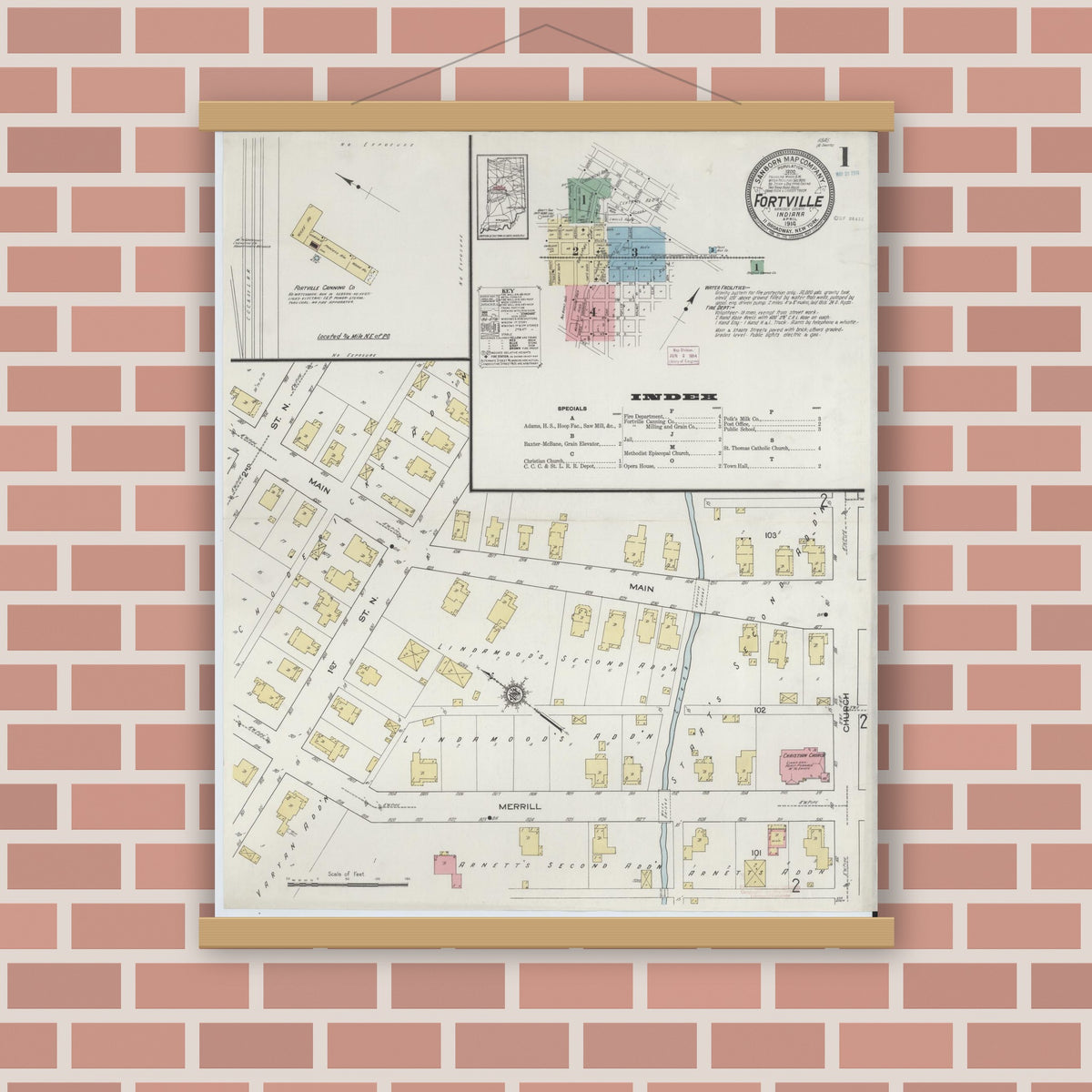 Old map wall art mockup — magnetic wood frame on brick wall — Sanborn Fire Insurance Map from Fortville, Hancock County, Indiana (1914), Sheet #0001
