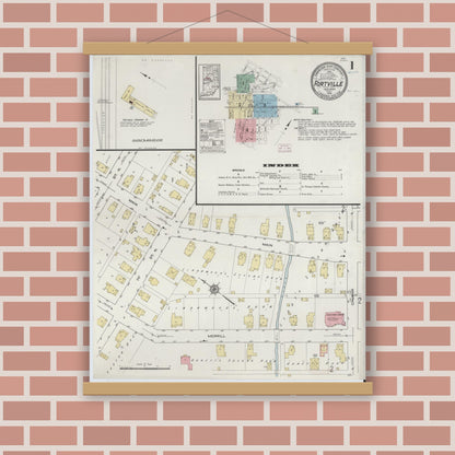 Old map wall art mockup — magnetic wood frame on brick wall — Sanborn Fire Insurance Map from Fortville, Hancock County, Indiana (1914), Sheet #0001