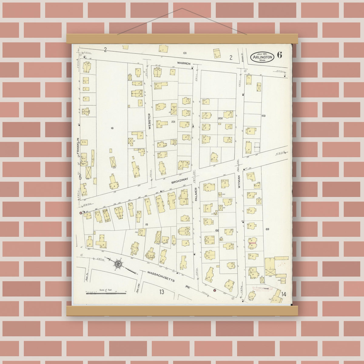 Old map wall art mockup — magnetic wood frame on brick wall — Sanborn Fire Insurance Map from Arlington, Middlesex County, Massachusetts (1914), Sheet #0006
