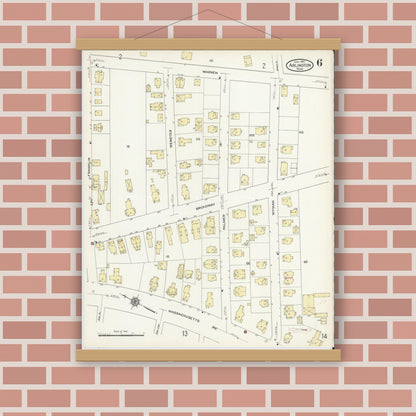 Old map wall art mockup — magnetic wood frame on brick wall — Sanborn Fire Insurance Map from Arlington, Middlesex County, Massachusetts (1914), Sheet #0006