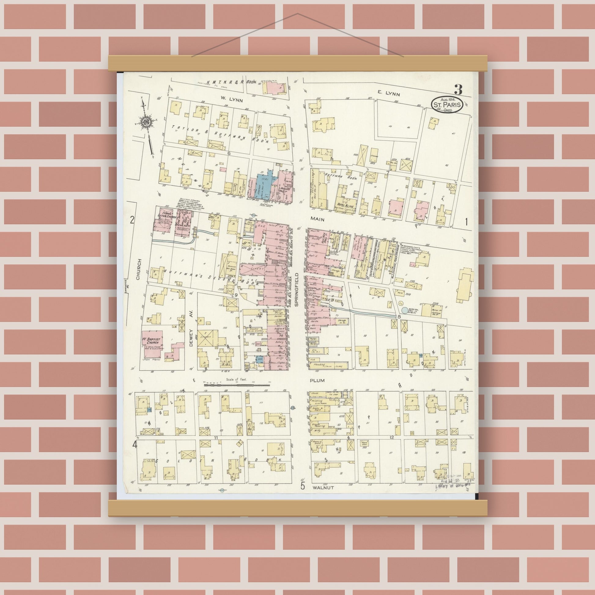 Old map wall art mockup — magnetic wood frame on brick wall — Sanborn Fire Insurance Map from Saint Paris, Champaign County, Ohio (1914), Sheet #0003