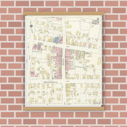 Old map wall art mockup — magnetic wood frame on brick wall — Sanborn Fire Insurance Map from Saint Paris, Champaign County, Ohio (1914), Sheet #0003