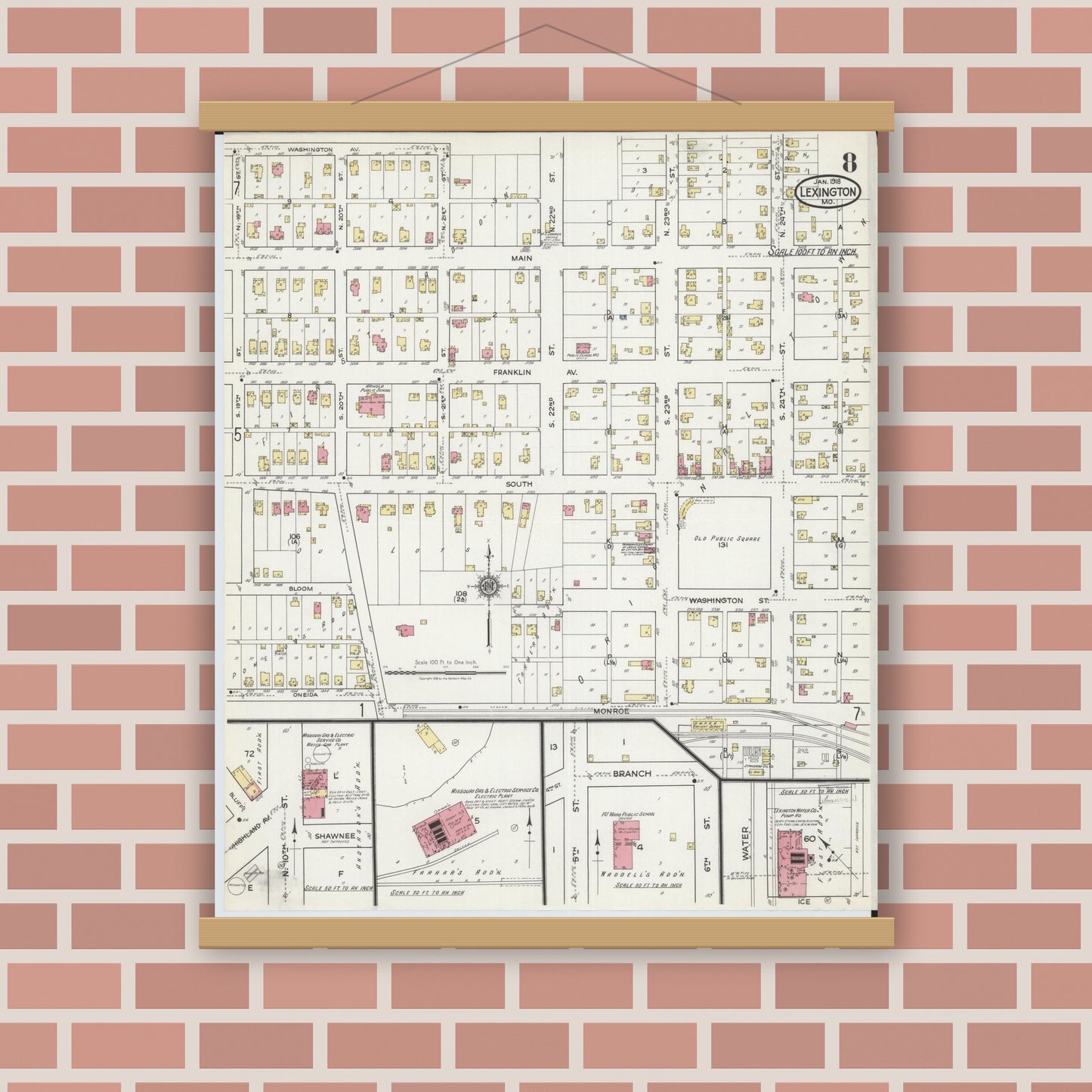 Old map wall art mockup — magnetic wood frame on brick wall — Sanborn Fire Insurance Map from Lexington, Lafayette County, Missouri (1918), Sheet #0008