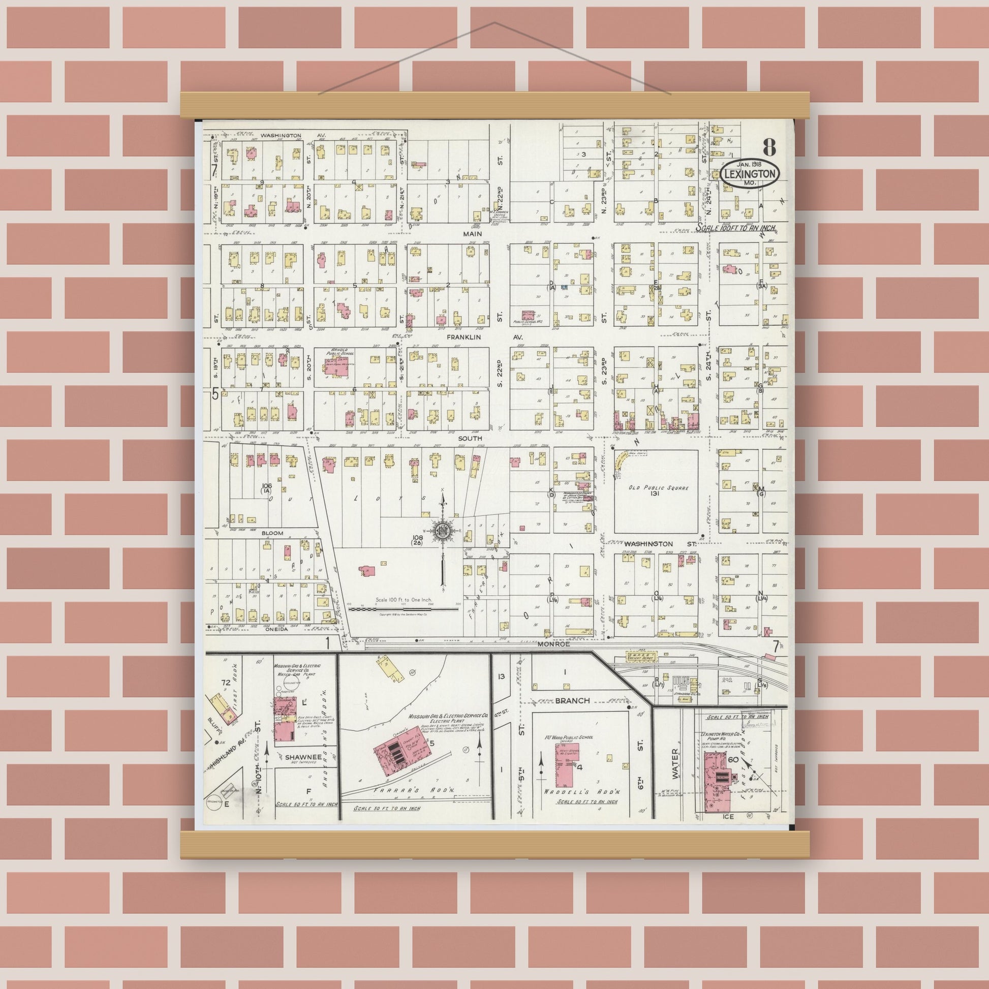Old map wall art mockup — magnetic wood frame on brick wall — Sanborn Fire Insurance Map from Lexington, Lafayette County, Missouri (1918), Sheet #0008