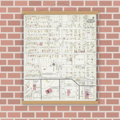Old map wall art mockup — magnetic wood frame on brick wall — Sanborn Fire Insurance Map from Lexington, Lafayette County, Missouri (1918), Sheet #0008