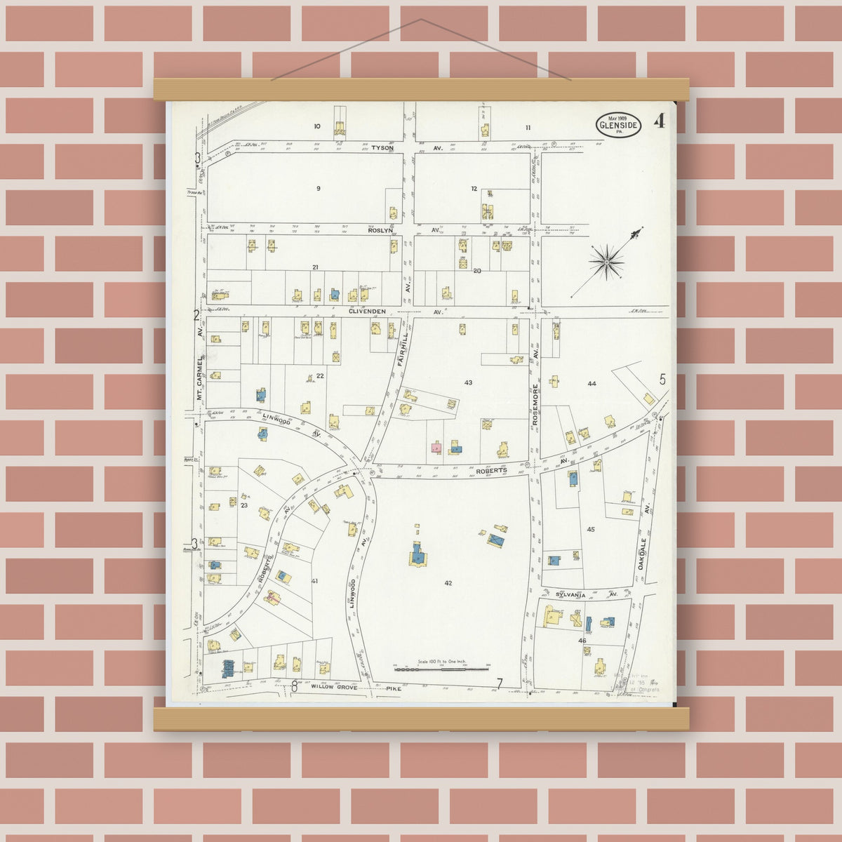 Old map wall art mockup — magnetic wood frame on brick wall — Sanborn Fire Insurance Map from Glenside, Montgomery County, Pennsylvania (1909), Sheet #0004