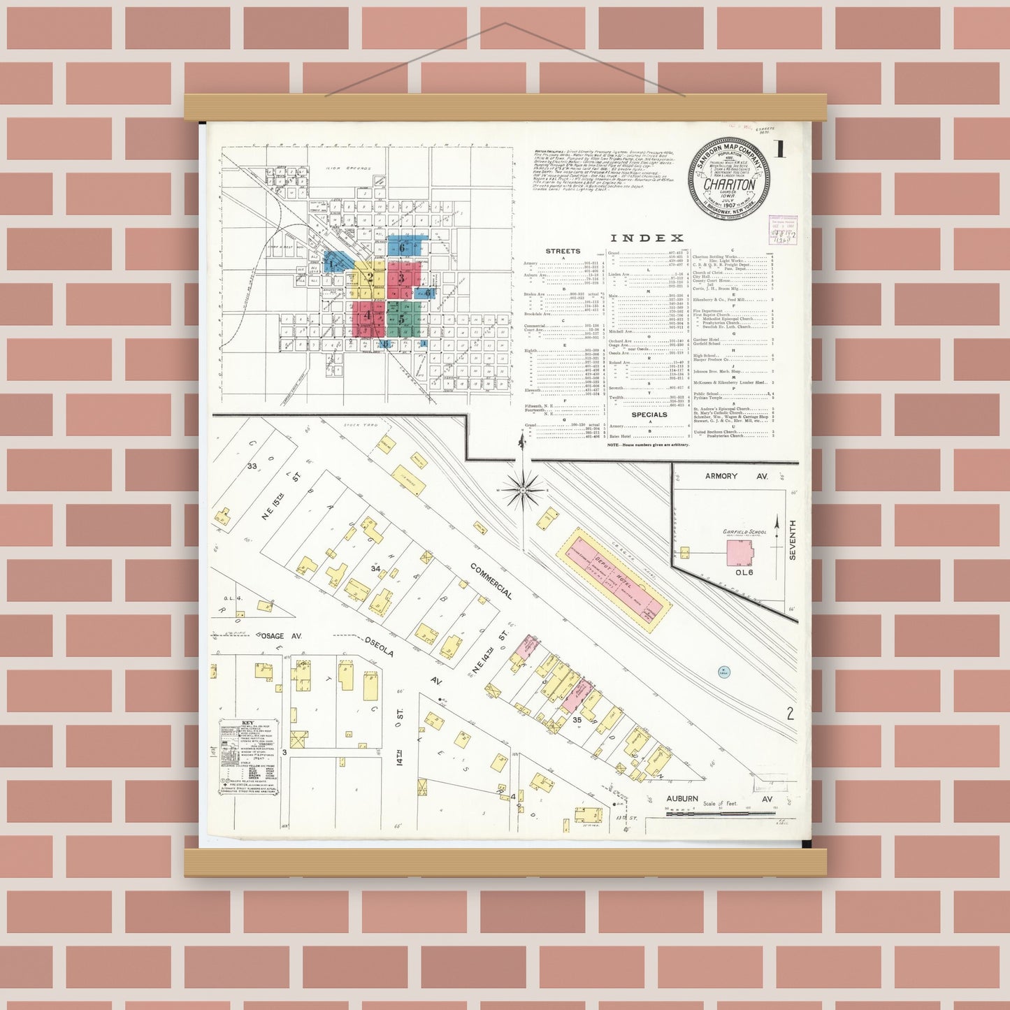 Old map wall art mockup — magnetic wood frame on brick wall — Sanborn Fire Insurance Map from Chariton, Lucas County, Iowa (1907), Sheet #0001