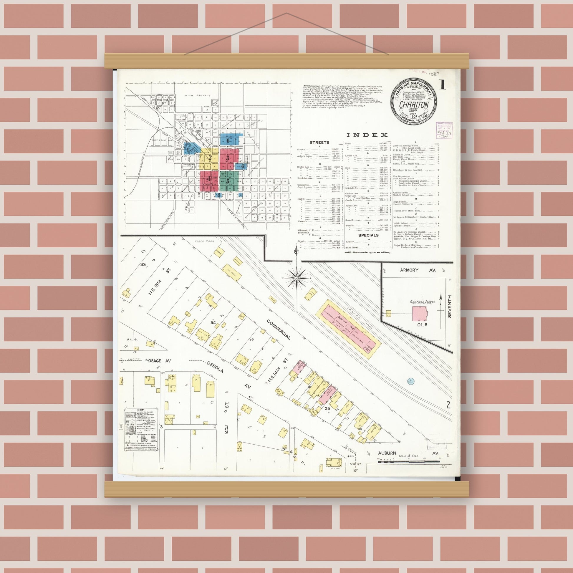 Old map wall art mockup — magnetic wood frame on brick wall — Sanborn Fire Insurance Map from Chariton, Lucas County, Iowa (1907), Sheet #0001