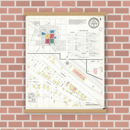 Old map wall art mockup — magnetic wood frame on brick wall — Sanborn Fire Insurance Map from Chariton, Lucas County, Iowa (1907), Sheet #0001