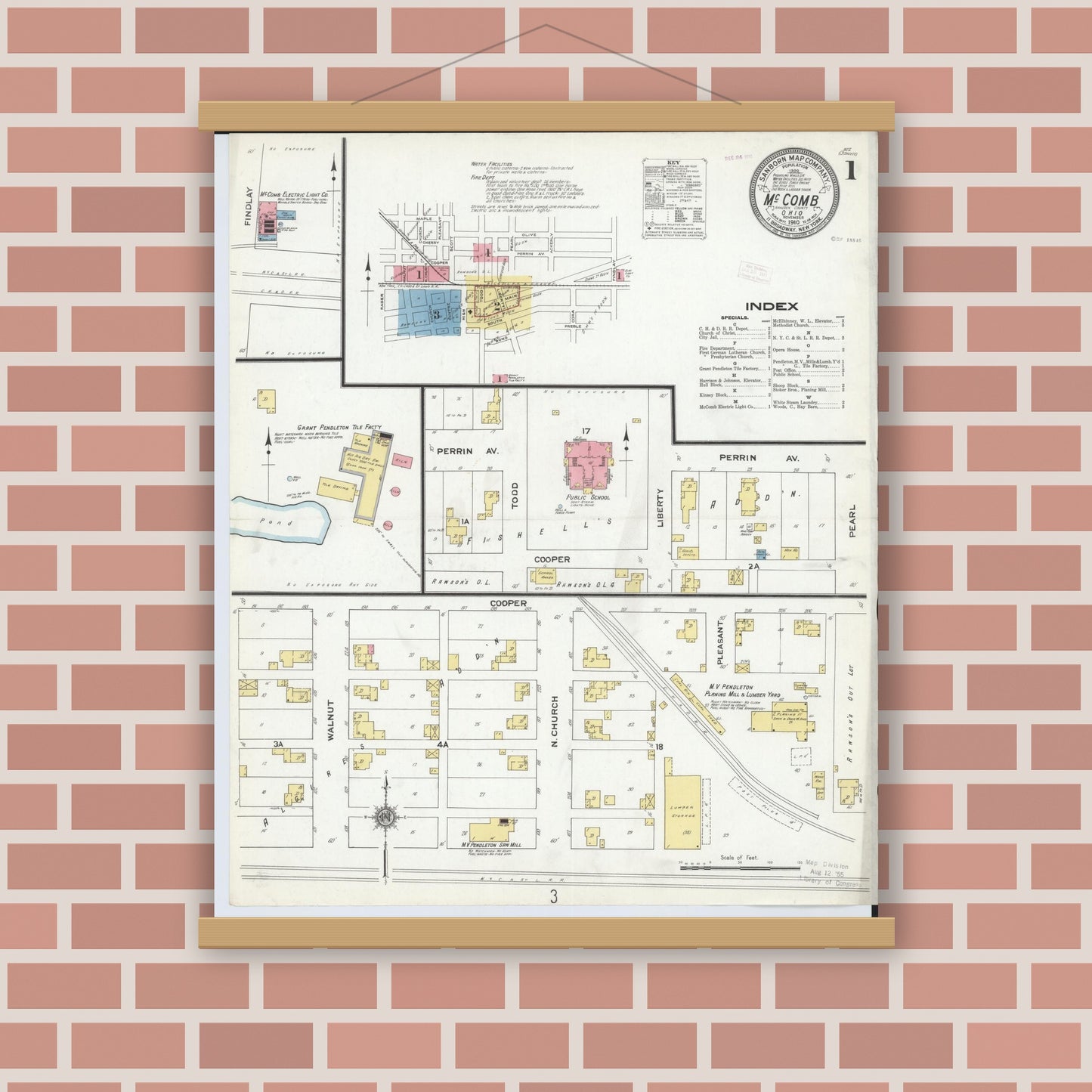 Old map wall art mockup — magnetic wood frame on brick wall — Sanborn Fire Insurance Map from McComb, Hancock County, Ohio (1910) - Complete Map Set