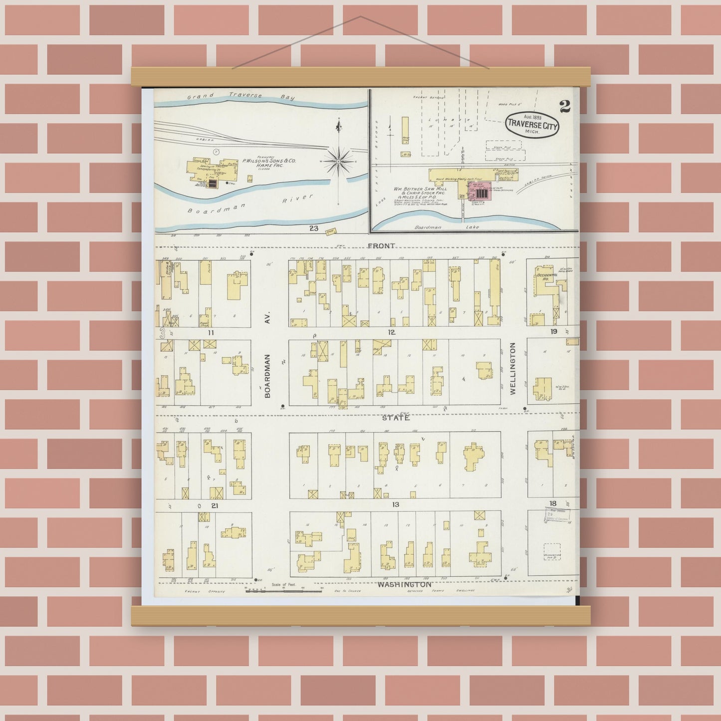 Old map wall art mockup — magnetic wood frame on brick wall — Sanborn Fire Insurance Map from Traverse City, Grand Traverse County, Michigan (1893), Sheet #0002