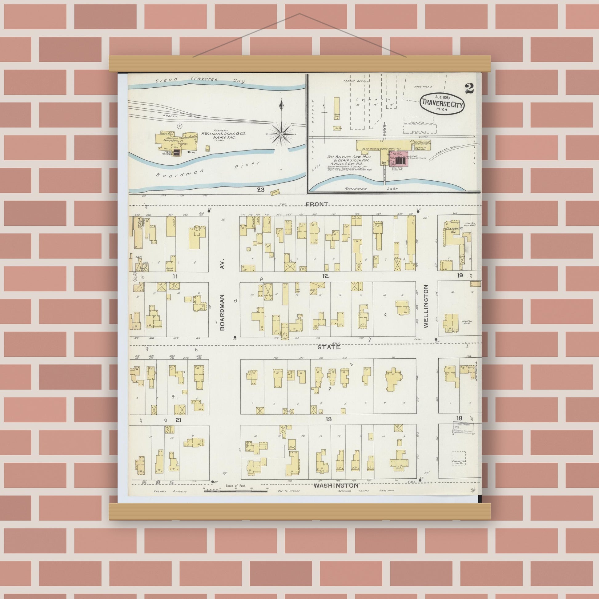 Old map wall art mockup — magnetic wood frame on brick wall — Sanborn Fire Insurance Map from Traverse City, Grand Traverse County, Michigan (1893), Sheet #0002