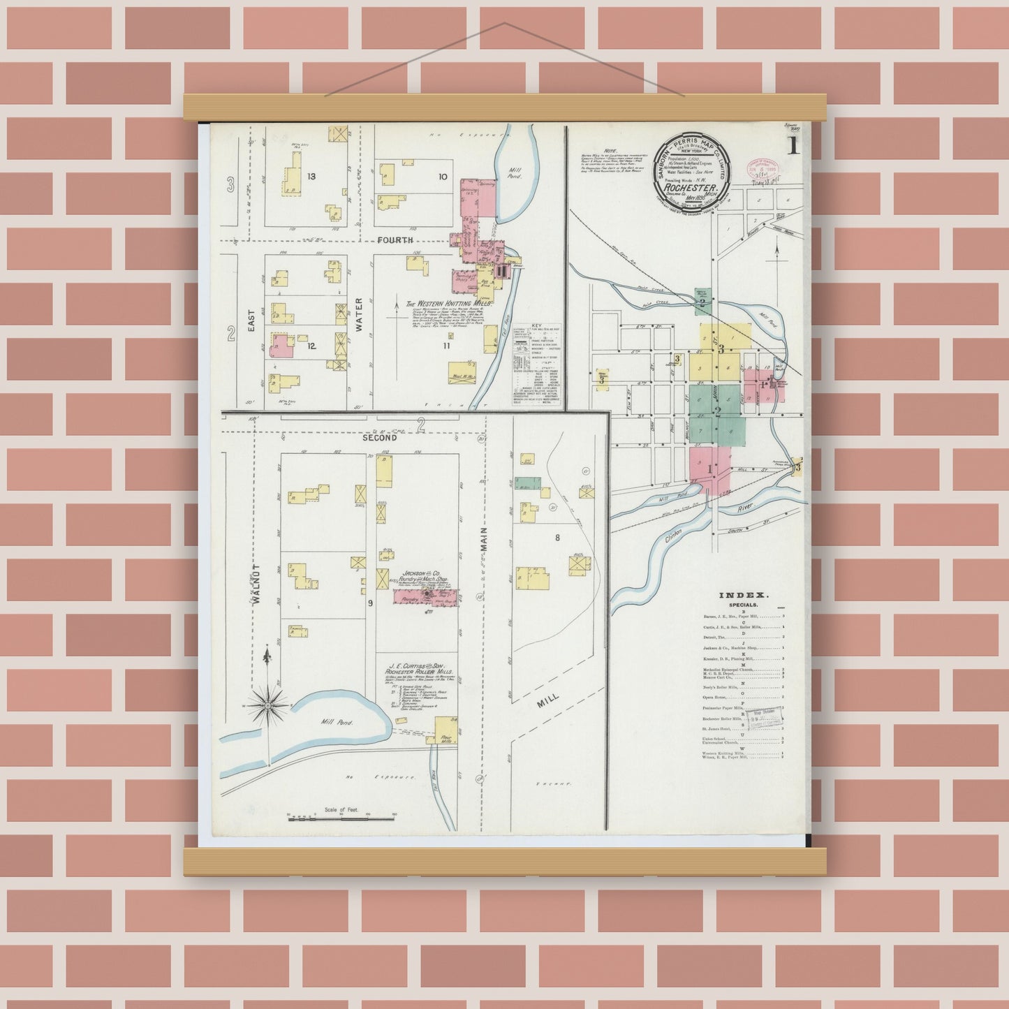 Old map wall art mockup — magnetic wood frame on brick wall — Sanborn Fire Insurance Map from Rochester, Oakland County, Michigan (1895) - Complete Map Set
